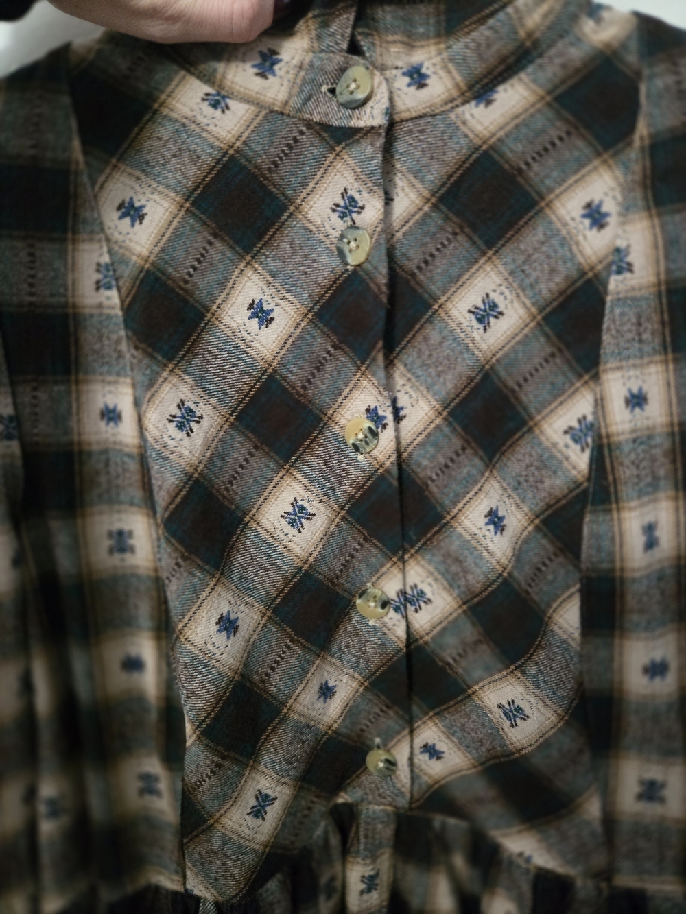 Disturbia Plaid Button-Up Long Sleeve Dress in Beige, Black and Blue - Picture 6 of 7